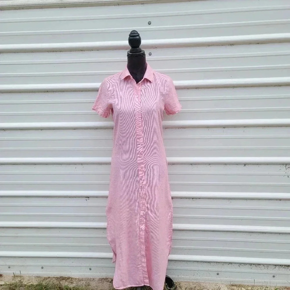 $172 ARMANI EXCHANGE Women's Long Shirt Dress Linen Blend Striped Button Pink 2 - Picture 1 of 15